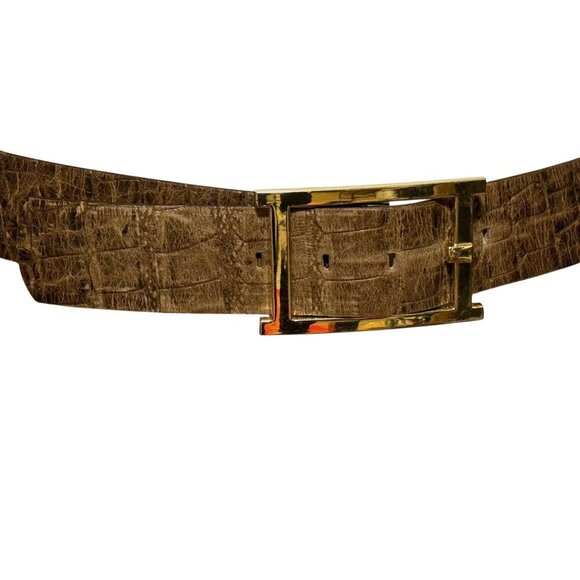 Talbots‎ Brown Leather Crocodile Embossed Belt Gold Rectangle Buckle Size Medium - Picture 3 of 16